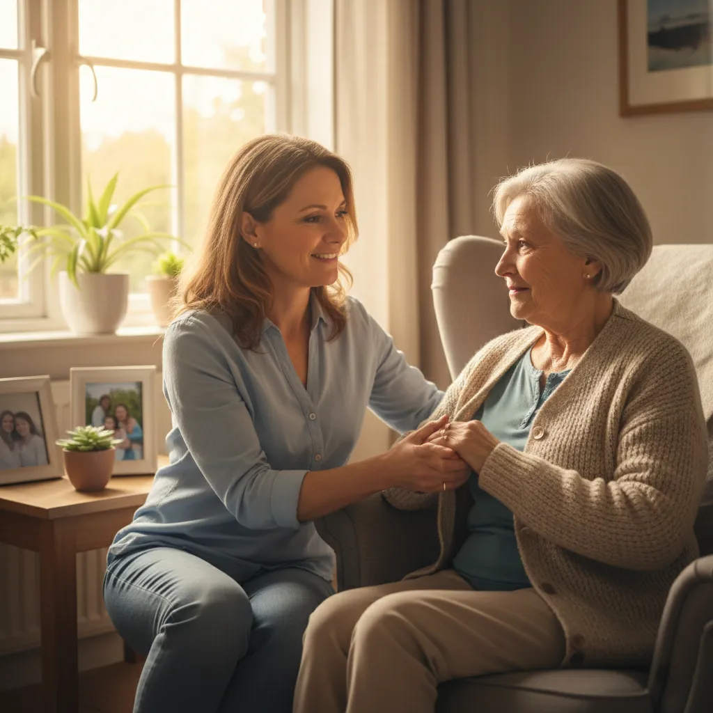 Accompagnatrice offrant un soutien chaleureux à une personne âgée chez elle