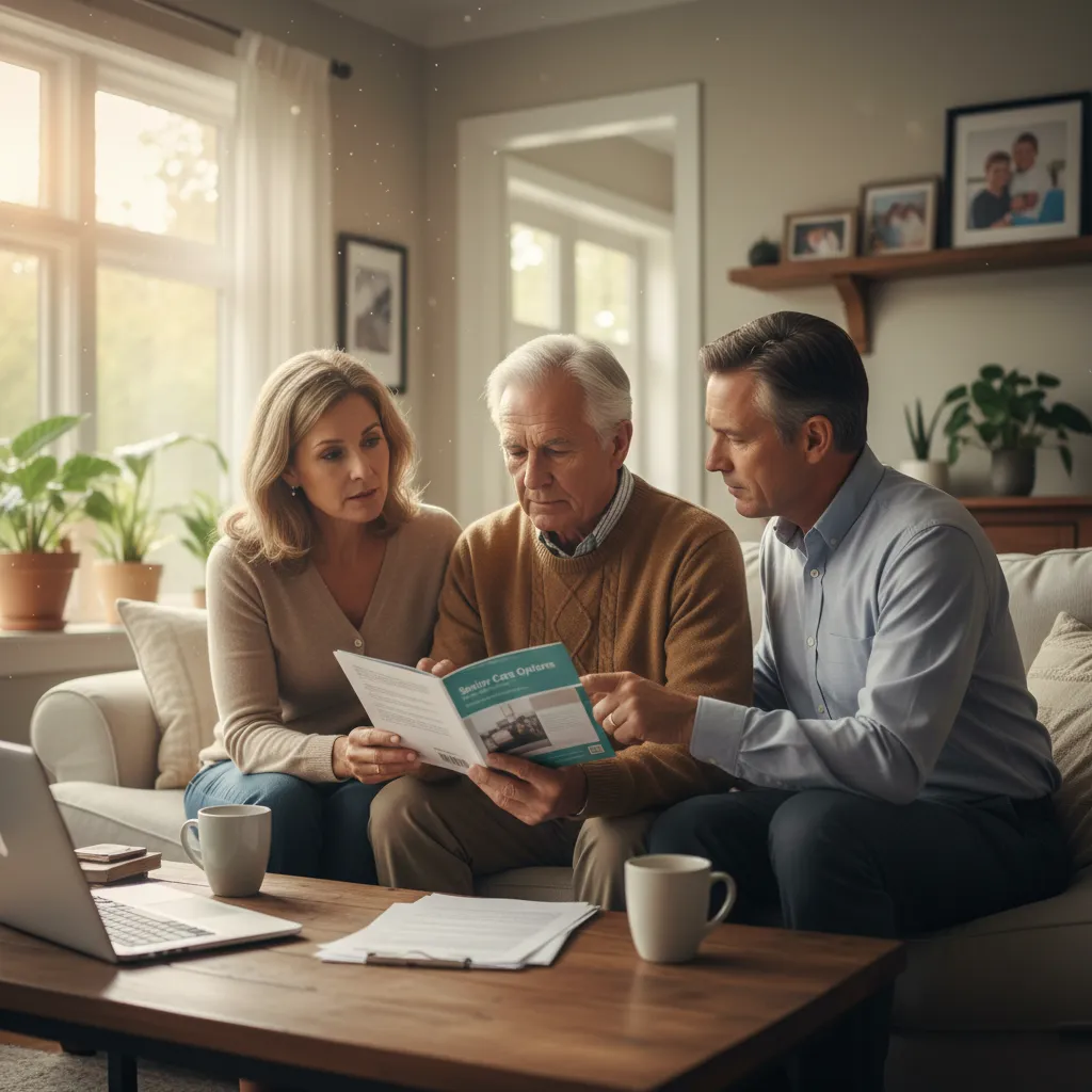 Famille discutant des options de soins pour un proche âgé