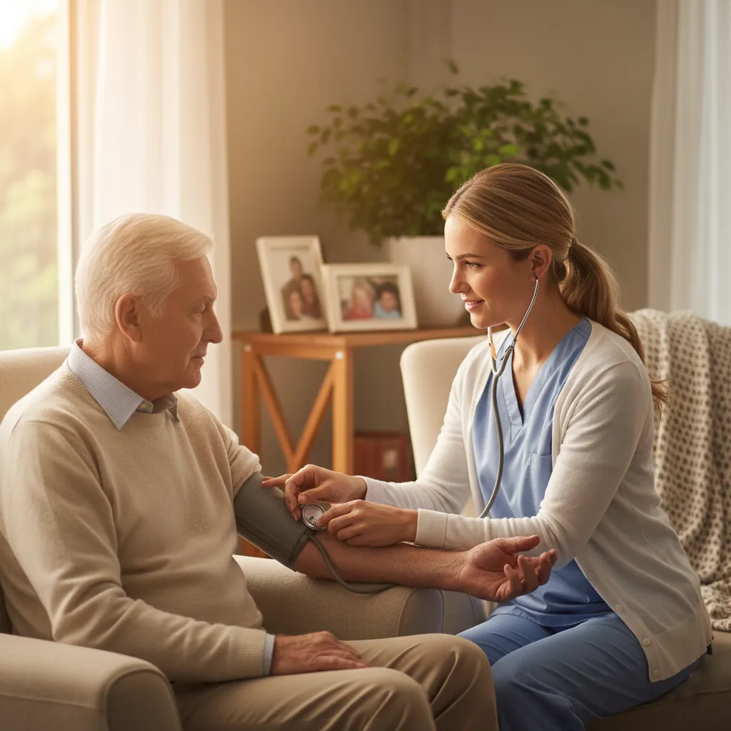Aide-soignante prenant la tension d'un patient à domicile