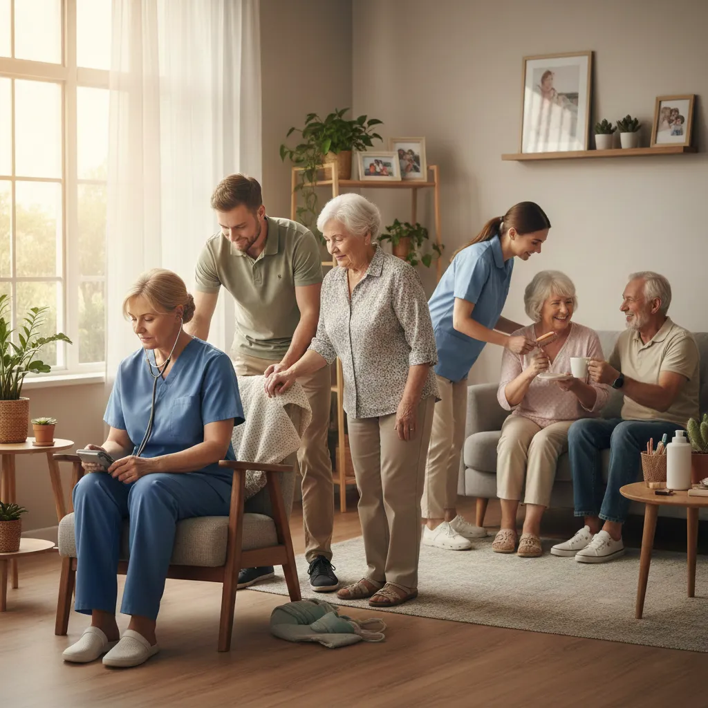 Équipe de soignants accompagnant des personnes âgées à domicile